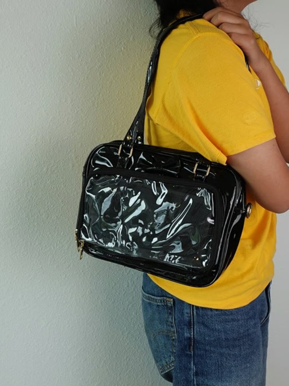 Black Ita Bag Bow Crossbody Shoulder Purse Y2K Goth Kawaii Anime Pin Display